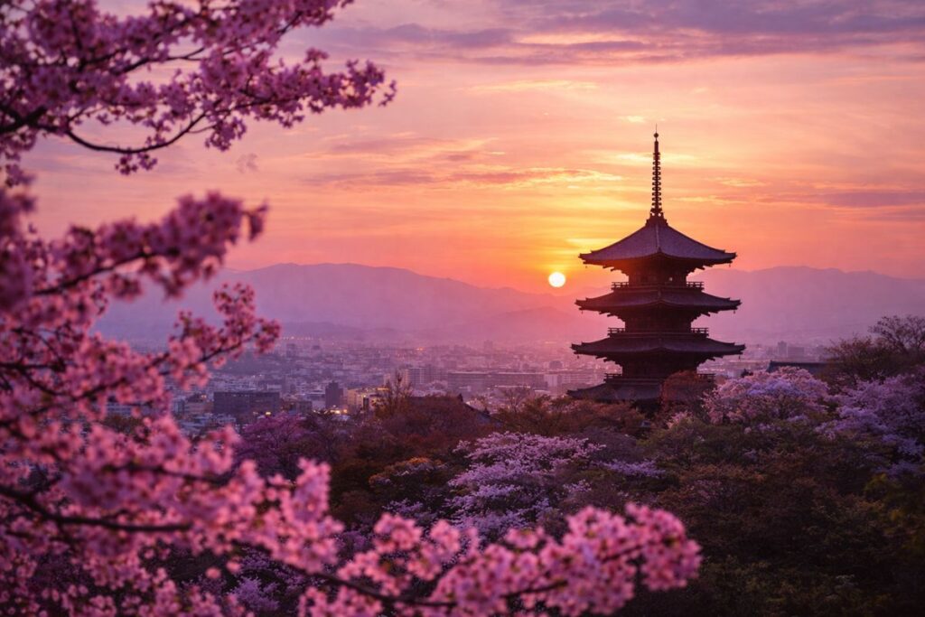 Cherry blossoms framing a traditional pagoda overlooking Kyoto city at sunset