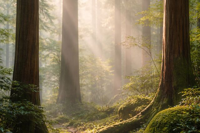 Sunlight filtering through tall hinoki trees in a misty forest, evoking the calming atmosphere of Japanese cypress fragrance.