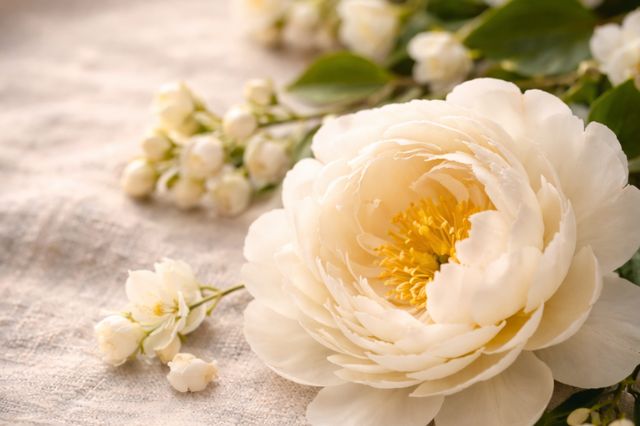 Ivory peony flower with small white jasmine blossoms on linen, representing delicate floral notes in Japanese perfume.