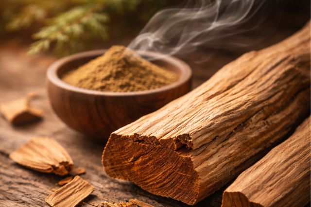 Sandalwood logs and fine powder with rising smoke, symbolising warm woody base notes in traditional Japanese fragrance.