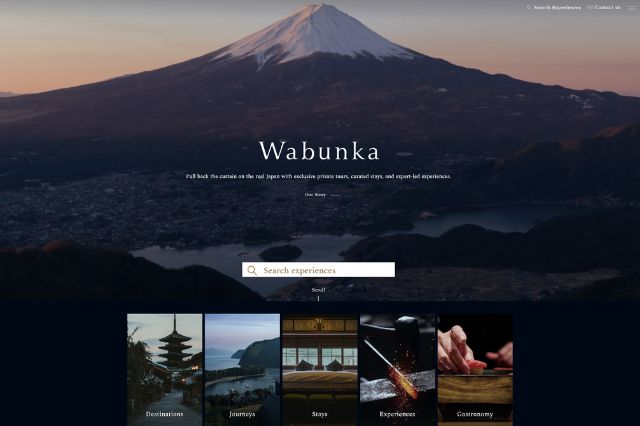 WABUNKA homepage showing Mount Fuji hero image and navigation for cultural experiences in Japan