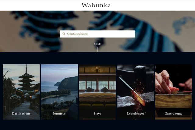 WABUNKA website interface showing destinations, journeys, stays, experiences, and gastronomy categories