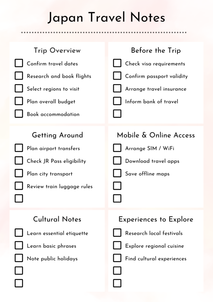 Printable Japan travel checklist planner with sections for flights, budget, transport, visas, cultural notes and trip preparation.