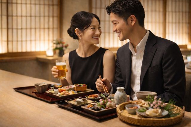 Mature couple enjoying refined Japanese dining in a luxury Tokyo restaurant, sharing an intimate moment over seasonal multi-course cuisine and sake.