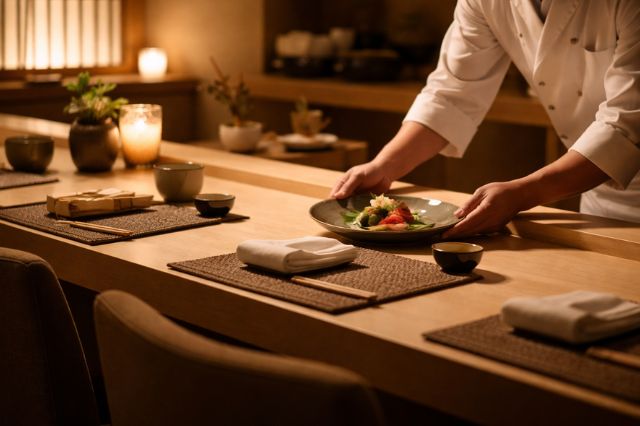 Japanese chef carefully placing a refined seasonal dish at an intimate sushi counter in Tokyo, reflecting omotenashi hospitality and precision service.