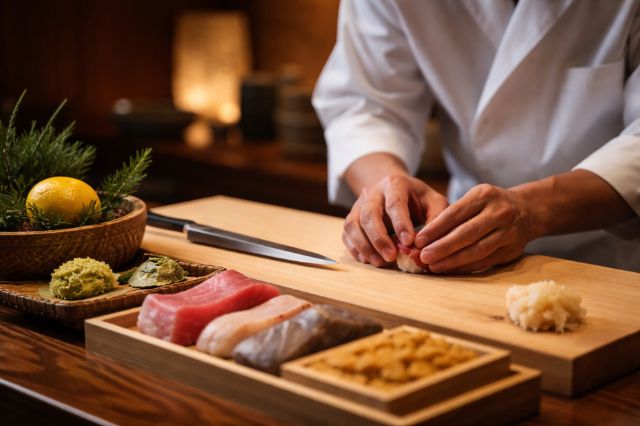 Japanese sushi chef carefully shaping nigiri at a premium dining counter in Tokyo