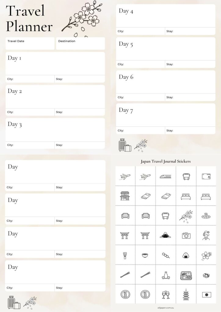 Minimalist Japan travel planner printable template with sakura illustration and daily itinerary sections for trip planning.